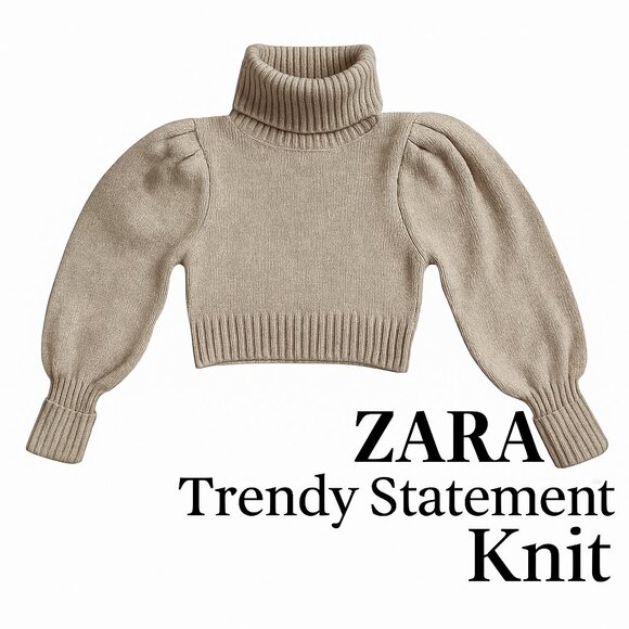 Zara Beige Puff Sleeve Cropped Turtleneck Sweater Ribbed Knit Trendy Top Size M - Picture 1 of 13